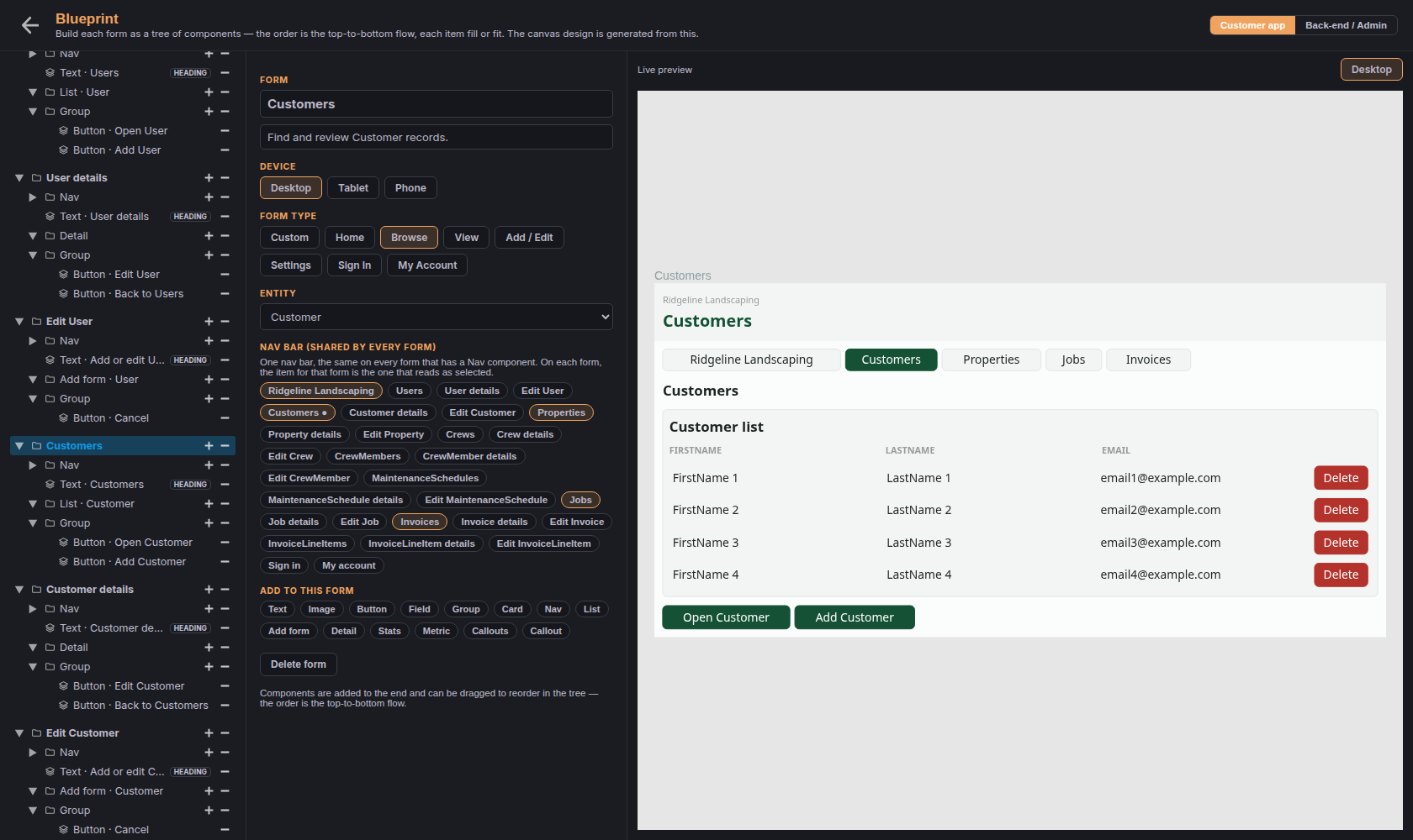 The FS Designer Blueprint page — the app&rsquo;s screens as a tree of components on the left, the selected screen&rsquo;s type, entity, shared nav bar and component palette in the middle, and a live preview of the Customers screen on the right