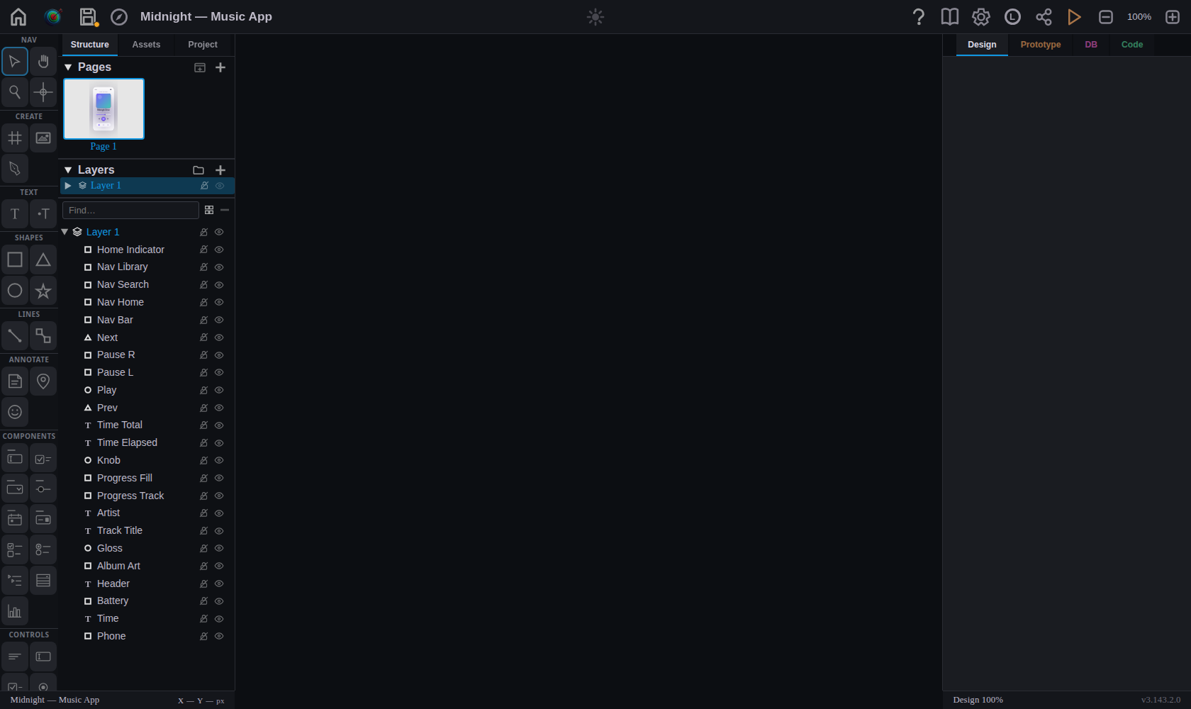 The FS Designer editor with a music-player app interface on the canvas