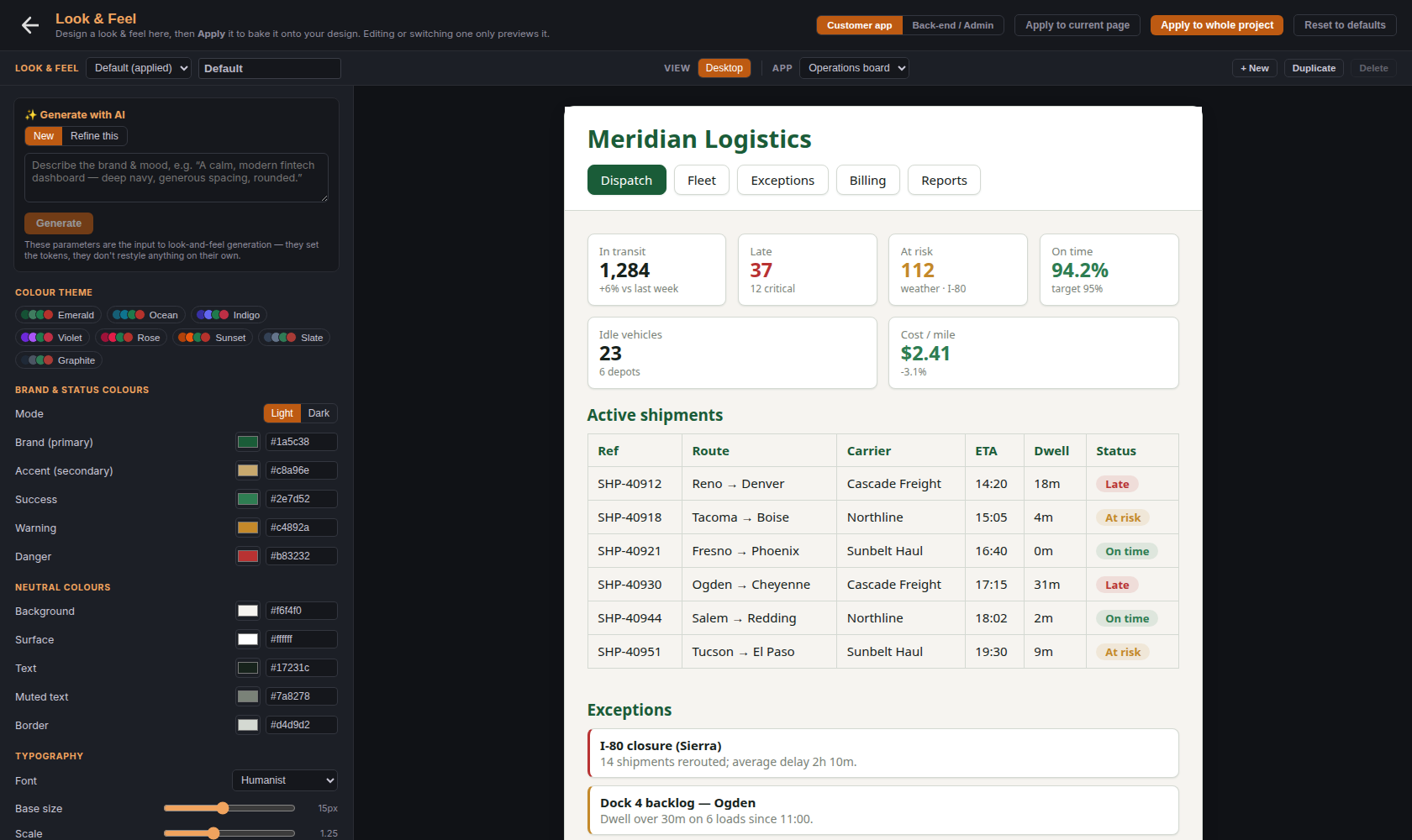 The FS Designer Look & Feel page — colour, type and spacing controls on the left, and a live preview of a deliberately busy operations dashboard rendered in those decisions