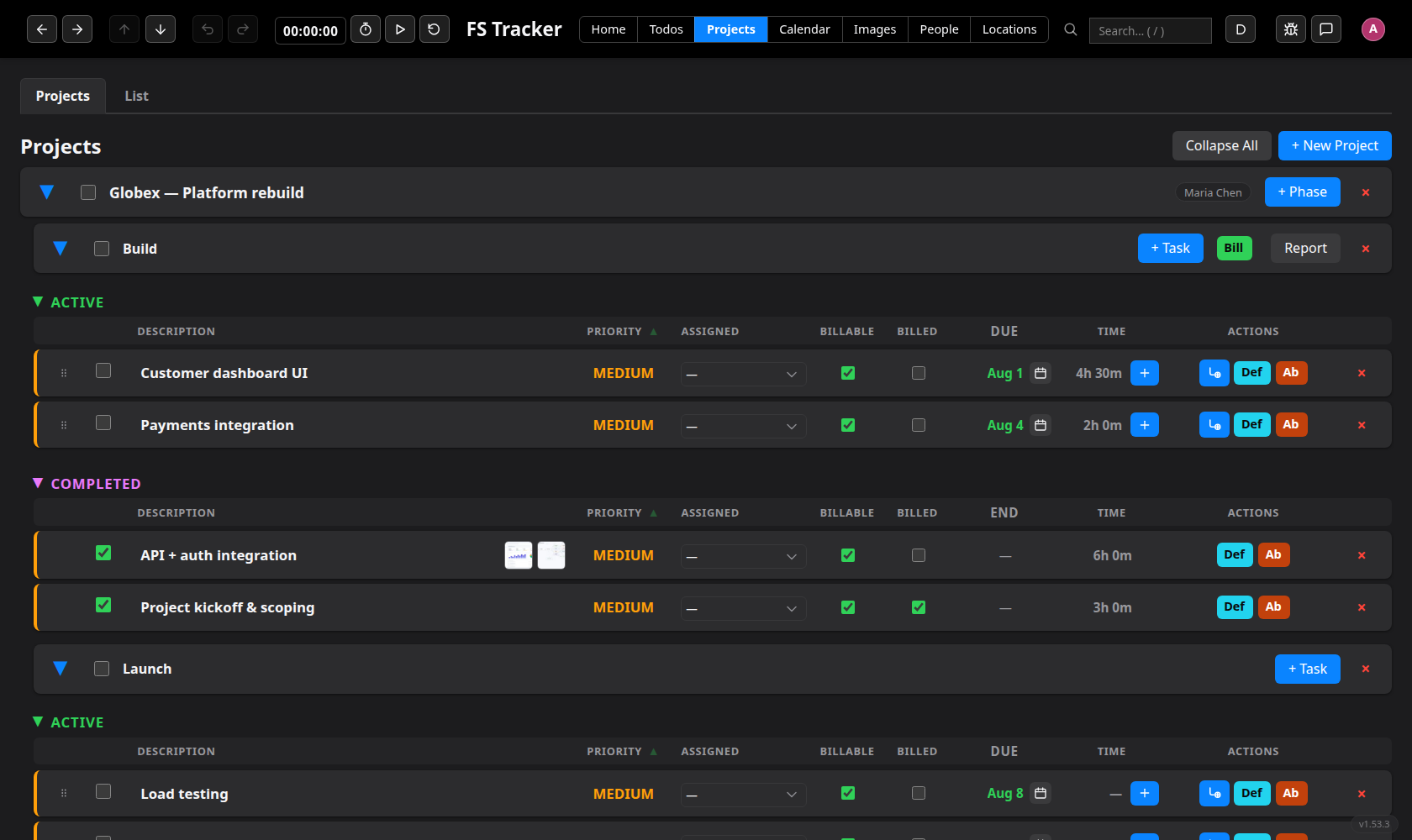 FS Tracker projects view — a project broken into phases and tasks, each task with priority, billable and billed checkboxes, a due date, and tracked time